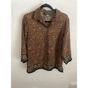 Sag Harbor Womens Brown Paisley Floral Border Print Button Up Blouse 3/4 Sleeve